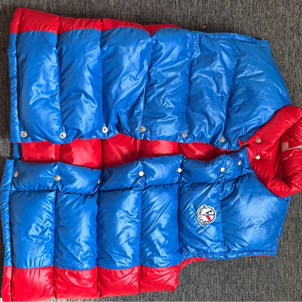 Moncler Blue and Red Quilted Puffer Vest with Logo Patch